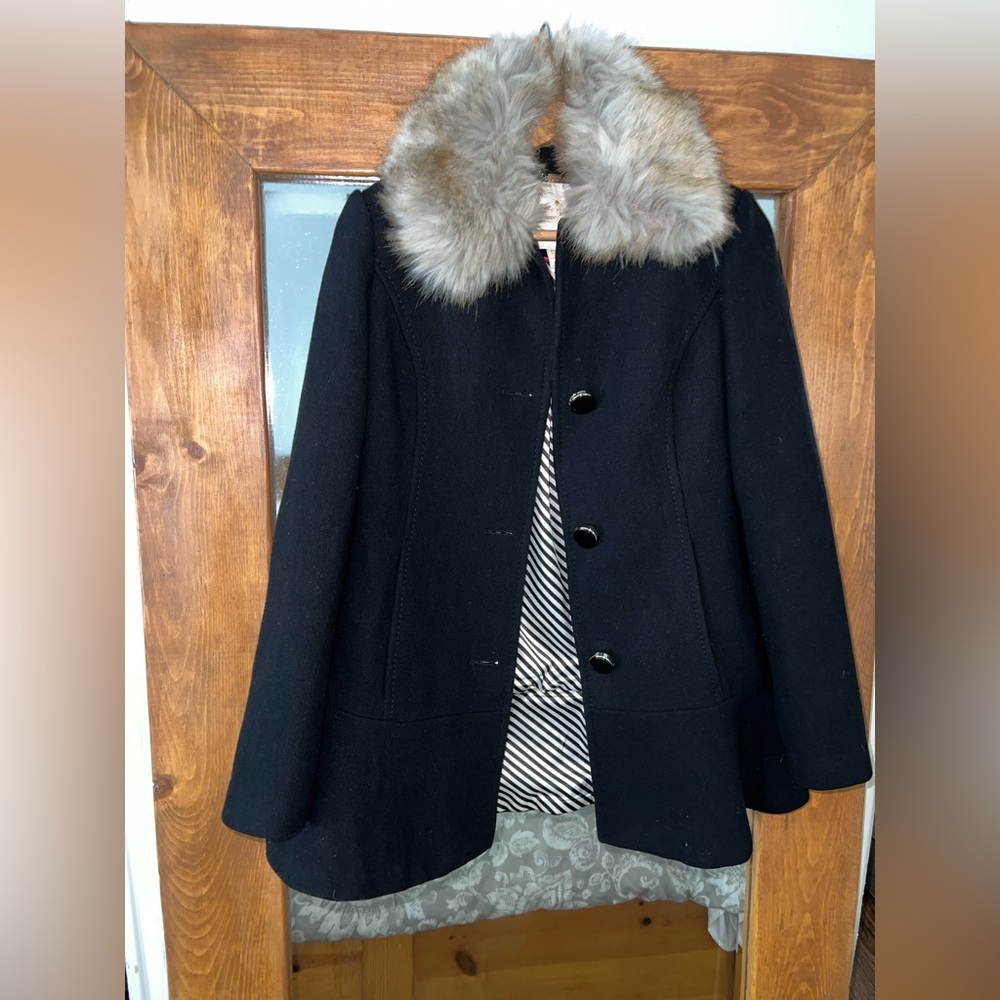 $698 Kate Spade New York Womens Faux Fur Collar Coat Twill Wool Black Coat, xs